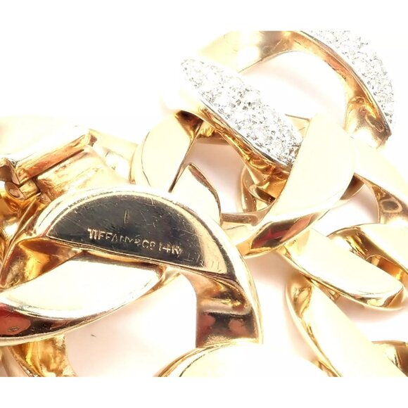 Rare Vintage Tiffany & Co 14k Yellow Gold Diamond Large Heavy Curb Link Bracelet - Picture 7 of 15